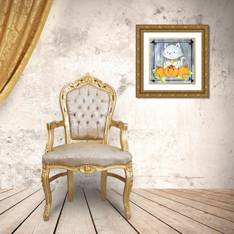 Pumpkins and Kitty 1 Gold Ornate Wood Framed Art Print with Double Matting by Wade, Valarie