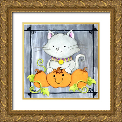 Pumpkins and Kitty 1 Gold Ornate Wood Framed Art Print with Double Matting by Wade, Valarie