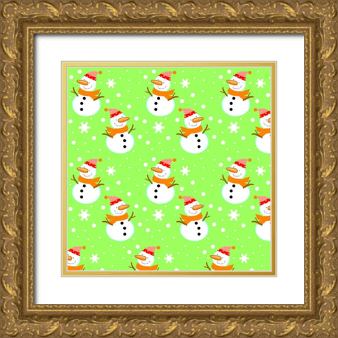 Snowman Green Gold Ornate Wood Framed Art Print with Double Matting by Wade, Valarie