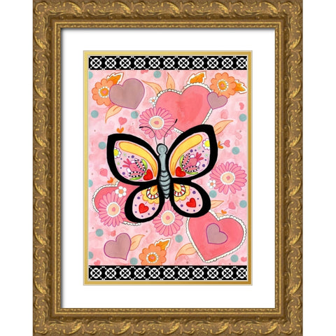 Butterfly Hearts Gold Ornate Wood Framed Art Print with Double Matting by Wade, Valarie
