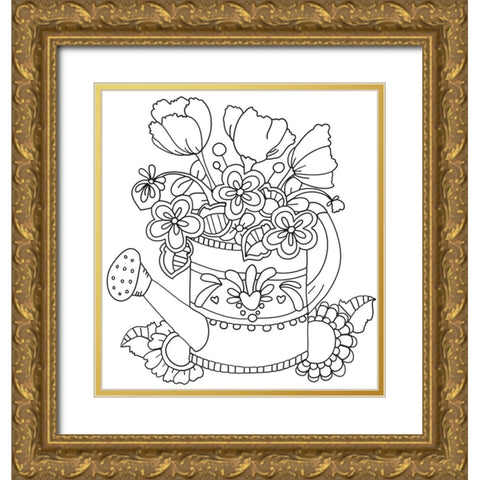 Watering Can Line Art Gold Ornate Wood Framed Art Print with Double Matting by Wade, Valarie