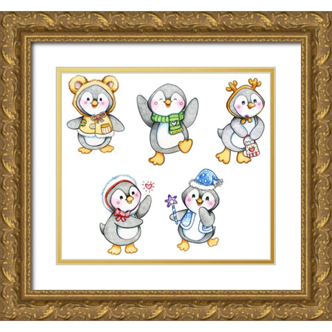 Peguin Friends Gold Ornate Wood Framed Art Print with Double Matting by Wade, Valarie