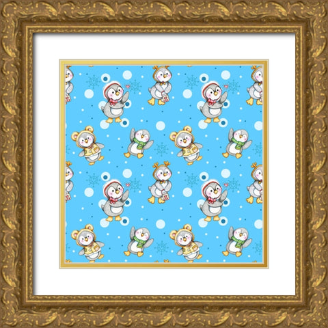 Peguin Party Gold Ornate Wood Framed Art Print with Double Matting by Wade, Valarie