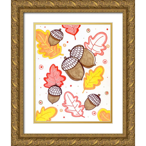 Acorn Rain Gold Ornate Wood Framed Art Print with Double Matting by Wade, Valarie