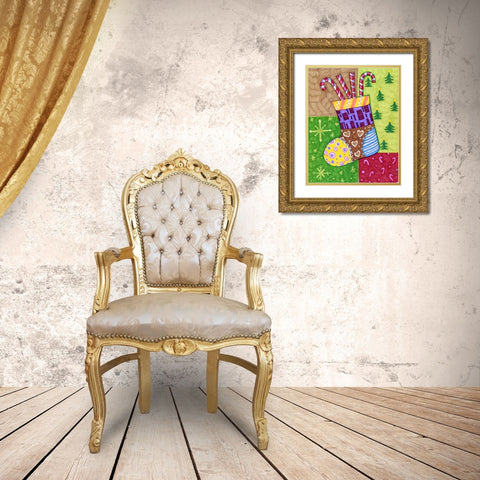 Patchwork Stocking Gold Ornate Wood Framed Art Print with Double Matting by Wade, Valarie