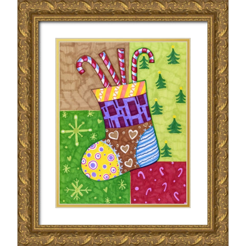 Patchwork Stocking Gold Ornate Wood Framed Art Print with Double Matting by Wade, Valarie