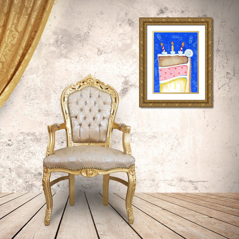 Birthday Cake Blue Gold Ornate Wood Framed Art Print with Double Matting by Wade, Valarie