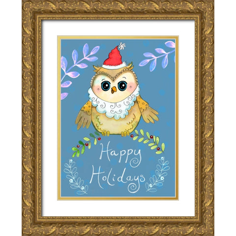 Santa Owl Big Eyes Gold Ornate Wood Framed Art Print with Double Matting by Wade, Valarie