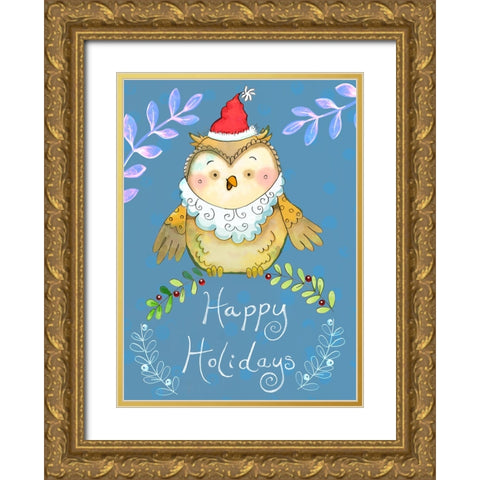 Santa Owl Gold Ornate Wood Framed Art Print with Double Matting by Wade, Valarie