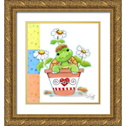 Flower Pot Turtle Gold Ornate Wood Framed Art Print with Double Matting by Wade, Valarie