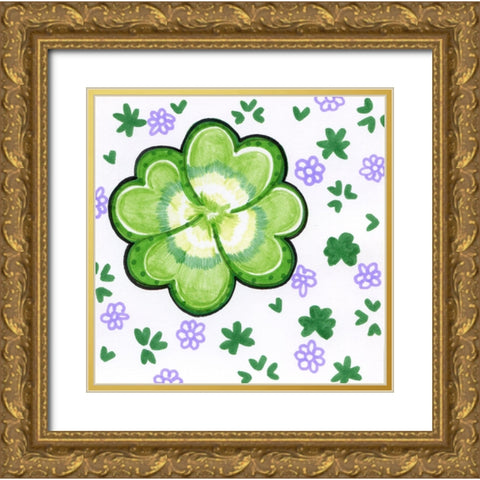 Four Leaf Clover Gold Ornate Wood Framed Art Print with Double Matting by Wade, Valarie