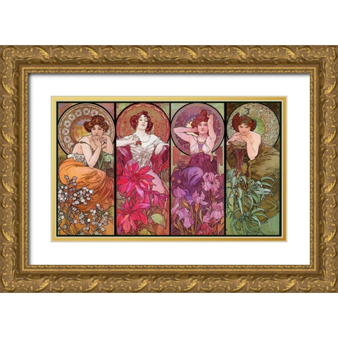 Mucha Topaz Ruby Amethyst Emeraude Gold Ornate Wood Framed Art Print with Double Matting by Vintage Apple Collection