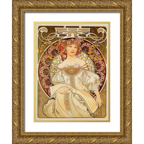 Mucha Reverie Gold Ornate Wood Framed Art Print with Double Matting by Vintage Apple Collection