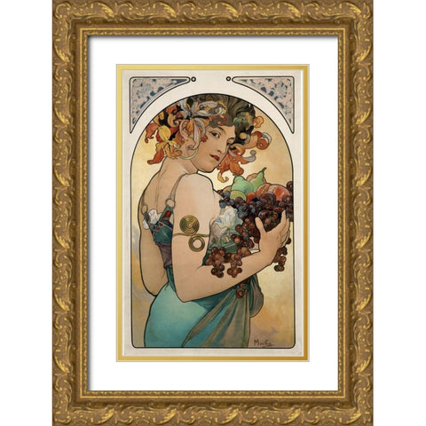 Mucha Fruit Panel Gold Ornate Wood Framed Art Print with Double Matting by Vintage Apple Collection