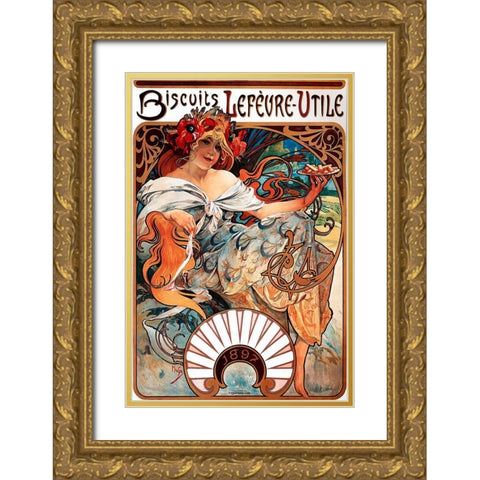 Mucha Biscuits Lefevre-Utile Gold Ornate Wood Framed Art Print with Double Matting by Vintage Apple Collection