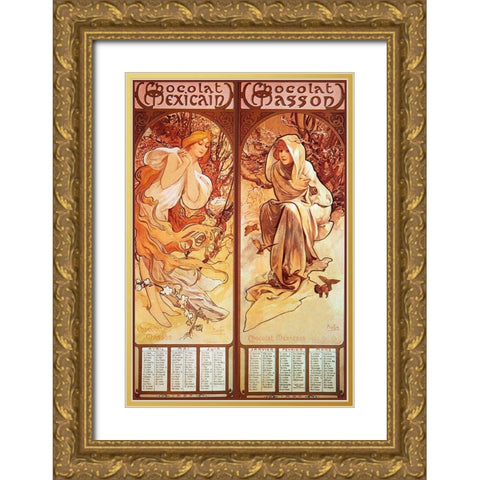 Mucha Chocolat Panels Gold Ornate Wood Framed Art Print with Double Matting by Vintage Apple Collection