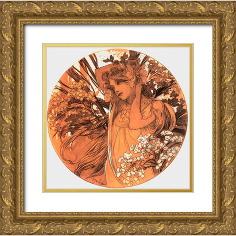 Mucha Spring Medallion Gold Ornate Wood Framed Art Print with Double Matting by Vintage Apple Collection