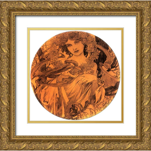 Mucha Summer Medallion Gold Ornate Wood Framed Art Print with Double Matting by Vintage Apple Collection