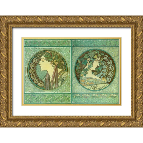 Mucha Green Medallions Gold Ornate Wood Framed Art Print with Double Matting by Vintage Apple Collection