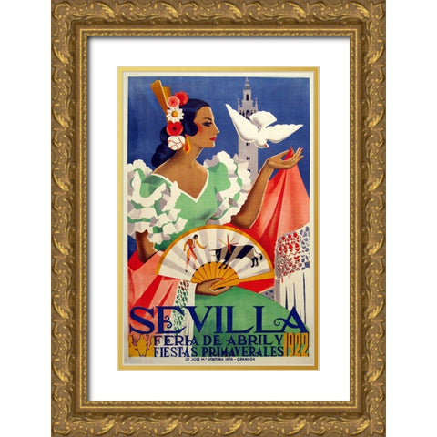 Sevilla 1922 Gold Ornate Wood Framed Art Print with Double Matting by Vintage Apple Collection
