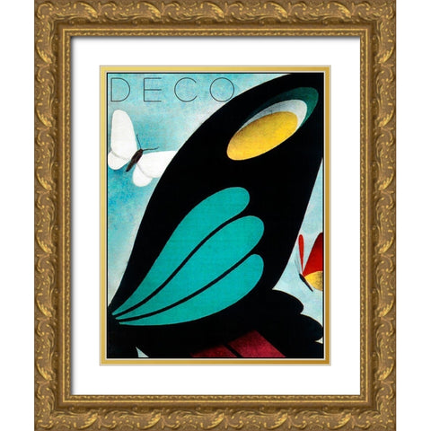 Deco Butterfly Gold Ornate Wood Framed Art Print with Double Matting by Vintage Apple Collection
