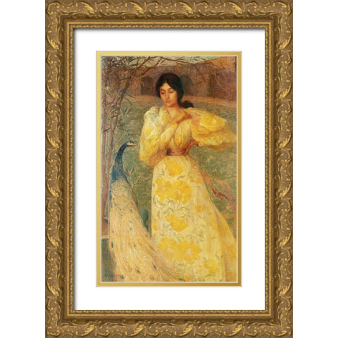 Peacock Woman  Gold Ornate Wood Framed Art Print with Double Matting by Vintage Apple Collection