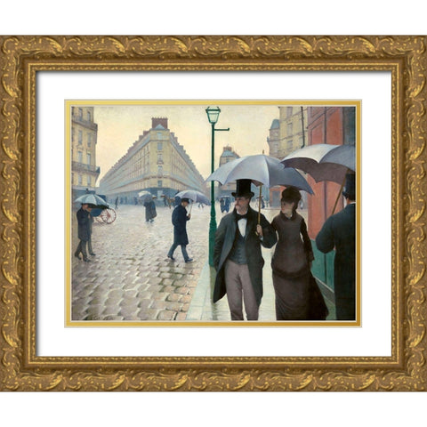 Caillebotte-Paris Street-A Rainy Day Gold Ornate Wood Framed Art Print with Double Matting by Vintage Apple Collection