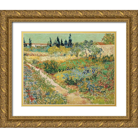 Van Gogh-Bluhender Garten Gold Ornate Wood Framed Art Print with Double Matting by Vintage Apple Collection