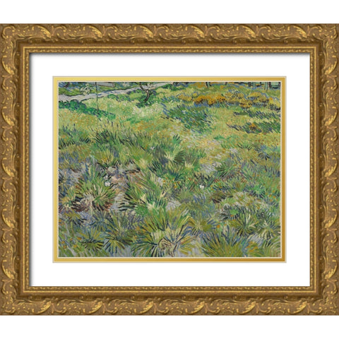 Van Gogh-Long Grass With Butterflies Gold Ornate Wood Framed Art Print with Double Matting by Vintage Apple Collection