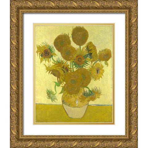 Van Gogh-Sunflowers Gold Ornate Wood Framed Art Print with Double Matting by Vintage Apple Collection