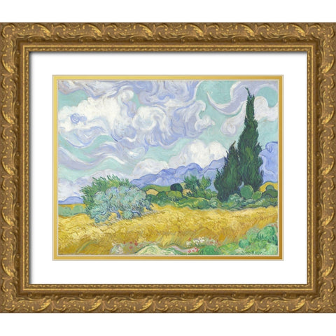 Van Gogh-Wheatfield with Cypress Gold Ornate Wood Framed Art Print with Double Matting by Vintage Apple Collection