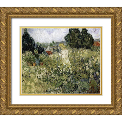Van Gogh-Marguerite Gachet In The Garden Gold Ornate Wood Framed Art Print with Double Matting by Vintage Apple Collection