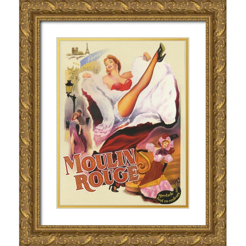 Moulin Rouge Paris Gold Ornate Wood Framed Art Print with Double Matting by Vintage Apple Collection