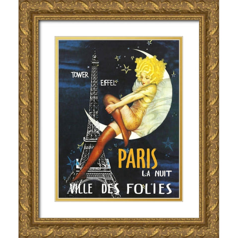 Paris Moon Gold Ornate Wood Framed Art Print with Double Matting by Vintage Apple Collection
