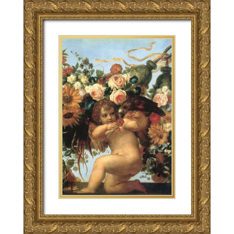 Cherub And Parrot Gold Ornate Wood Framed Art Print with Double Matting by Vintage Apple Collection