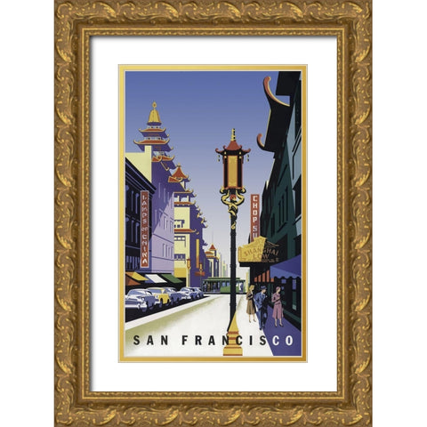 Sanfrancisco Chinatown Gold Ornate Wood Framed Art Print with Double Matting by Vintage Apple Collection