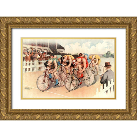 Bicycle Race Scene-1895 Gold Ornate Wood Framed Art Print with Double Matting by Vintage Apple Collection