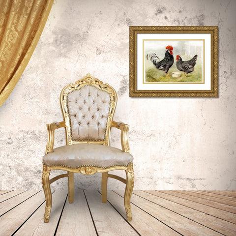 Roosters Gold Ornate Wood Framed Art Print with Double Matting by Vintage Apple Collection