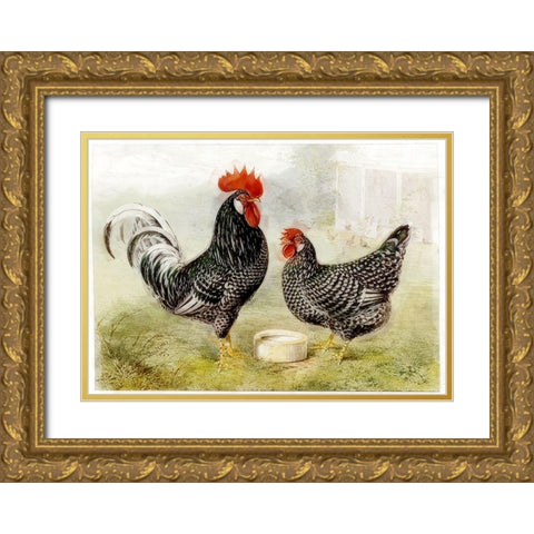 Roosters Gold Ornate Wood Framed Art Print with Double Matting by Vintage Apple Collection