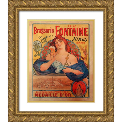Brasserie Fontaine Gold Ornate Wood Framed Art Print with Double Matting by Vintage Apple Collection