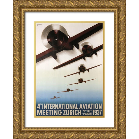 Aviation Zurich Gold Ornate Wood Framed Art Print with Double Matting by Vintage Apple Collection