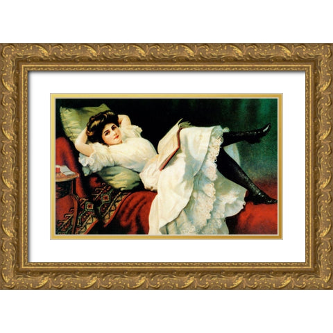 Beautiful Girl Laying On Couch Gold Ornate Wood Framed Art Print with Double Matting by Vintage Apple Collection