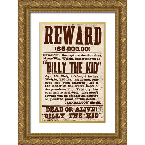 Reward Billy The Kid Gold Ornate Wood Framed Art Print with Double Matting by Vintage Apple Collection