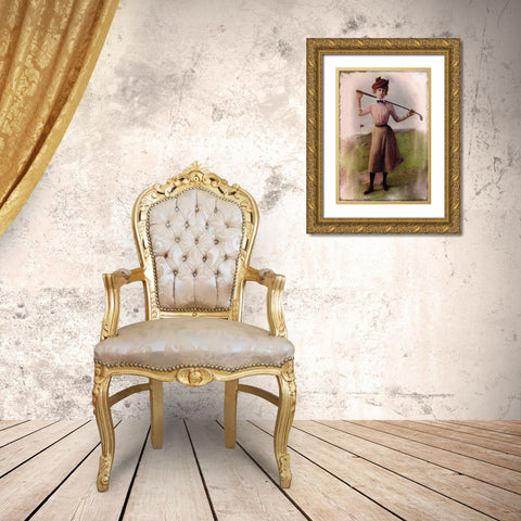 Vintage Lady Golfer Gold Ornate Wood Framed Art Print with Double Matting by Vintage Apple Collection