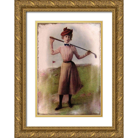 Vintage Lady Golfer Gold Ornate Wood Framed Art Print with Double Matting by Vintage Apple Collection