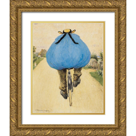 Blue Bicycle Rider Gold Ornate Wood Framed Art Print with Double Matting by Vintage Apple Collection