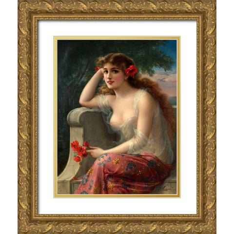 Emile Vernon - Girl With A Poppy Gold Ornate Wood Framed Art Print with Double Matting by Vintage Apple Collection