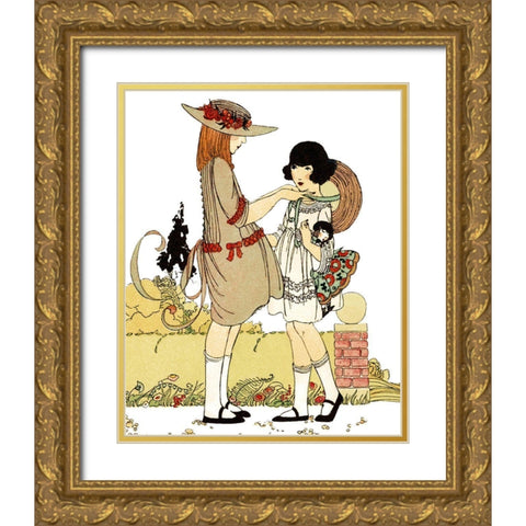 Two Young Girls Gold Ornate Wood Framed Art Print with Double Matting by Vintage Apple Collection