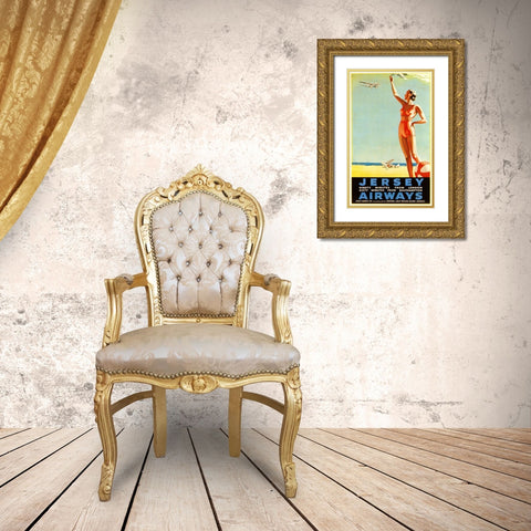 Jersey Airways Great Britain Gold Ornate Wood Framed Art Print with Double Matting by Vintage Apple Collection