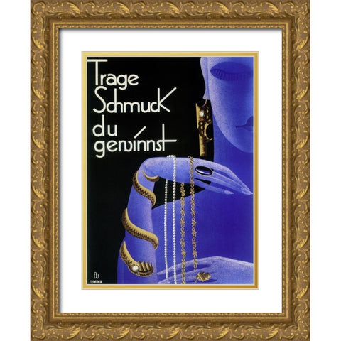 Holwein Blue Woman Jewelry Gold Ornate Wood Framed Art Print with Double Matting by Vintage Apple Collection